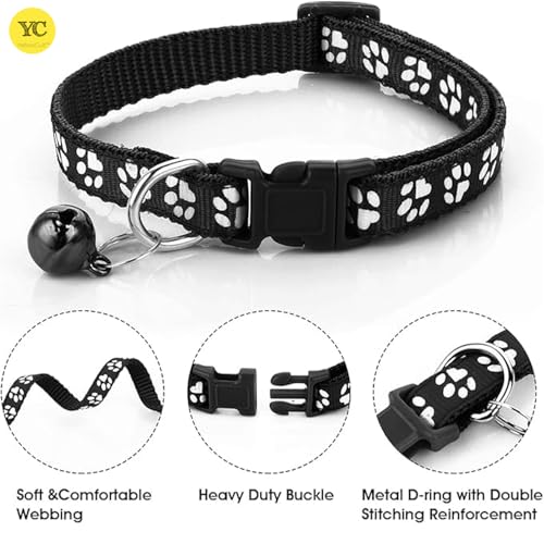 Image of YellowCult Dog /Cat Collar Leash Set with Adjustable Soft Nylon Paw Print Pet Collar for Cats, Puppies, Small Dogs, Fat Rabbits Walking Training, Bell & Quick Release Buckle Safety Lock -[Red]