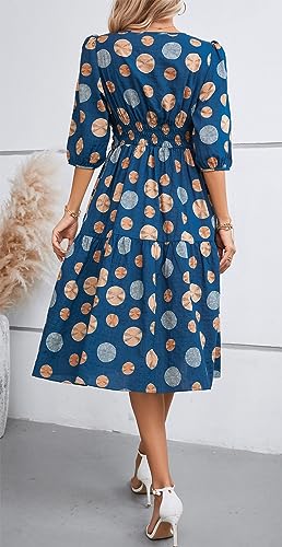 Image of Kormei Women Casual Boho Floral Round Neck 3 /4 Sleeve Smocked Waist Tiered A Line Flowy Swing Midi Dress Long Dresses L Blue Floral#3