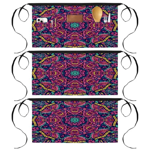 Tabliers courts de chef boho hippie mandala floral à 3 poches intégrées