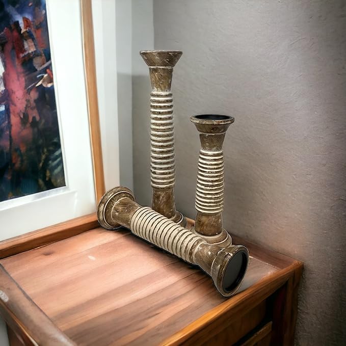 Miniatura 3 de Portavelas acanalados para velas de pilar, juego de 3 portavelas altos de madera grandes de 18 pulgadas, 16 pulgadas, 14 pies, tallados a mano,