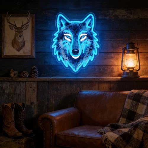 Image of Wolf Neon Sign, UV Printed Dimmable LED Wolf Light, Wolf Neon Wall Decor for Bedroom, Animal Wall Decor, Cool Gifts for Boys and Men, Living Room Man Cave Home Decoration, USB Powered