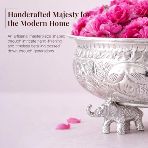 Image of Silver Decorative Metal Urli Bowl with Elephant Base | Metal Bowl for Home Entrance, Living Room, Puja Room, Housewarming, Festive Centerpiece & Diwali Decoration