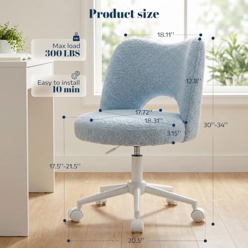 Image of DurayLoly Vanity Chair with Wheels,Open Back, Armless,Light Blue | Chair Soft Teddy Fabric 6 inch Thick Cushion, Height Adjustable 17.5 inch-21.5 inch, 360 Swivel for Vanity Table, Home Office
