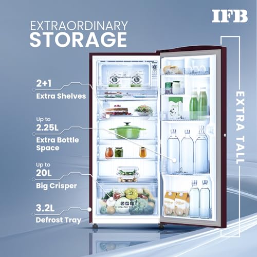 Image of IFB 206L 4 Star Direct-Cool Single Door Refrigerator with Advanced Inverter Compressor (IFBDC-2324DRBE Midnight Bloom Red) Extraordinary Space with Humidity Controller