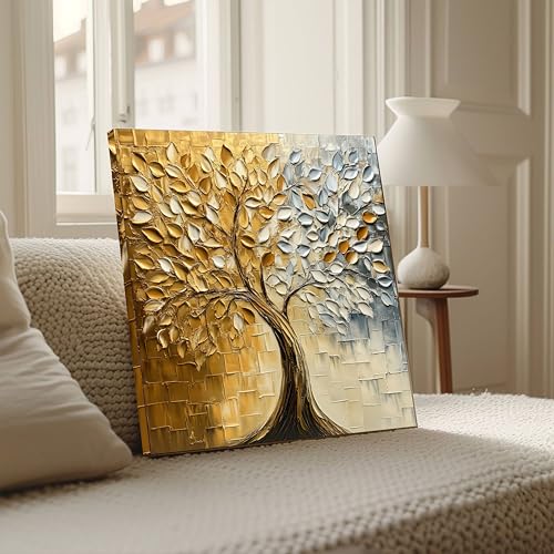 Image of PAINTINGMANTRA Abstract Tree Canvas Stretched Canvas Painting for Living Room | Modern Nature Artwork Wall Decor Art For Livingroom, Bedroom, Office, Hallways - 16x16 Inch