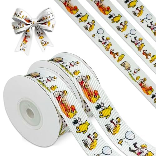 Winnie Ribbon 10 Yards Bear Ribbon for Baby Shower Birthday Decorations, Classic Grosgrain Ribbon (1 Roll - 0.9 Inch Wide, Winnie and Friends)