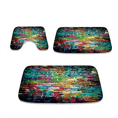 Kntiline Bunte Ziegelwand-Badezimmerteppiche und Hip-Hop-Graffiti-Matten-Set, 3-teilig, Samt-Memory-Schaum, Regenbogen…