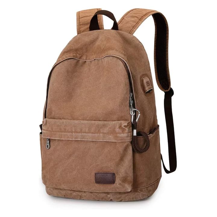 Muzze Canvas Backpack for Women and Men, Lightweight Classic Laptop Backpack with USB Charging Port for School, Travel and Daily Use, Khaki
