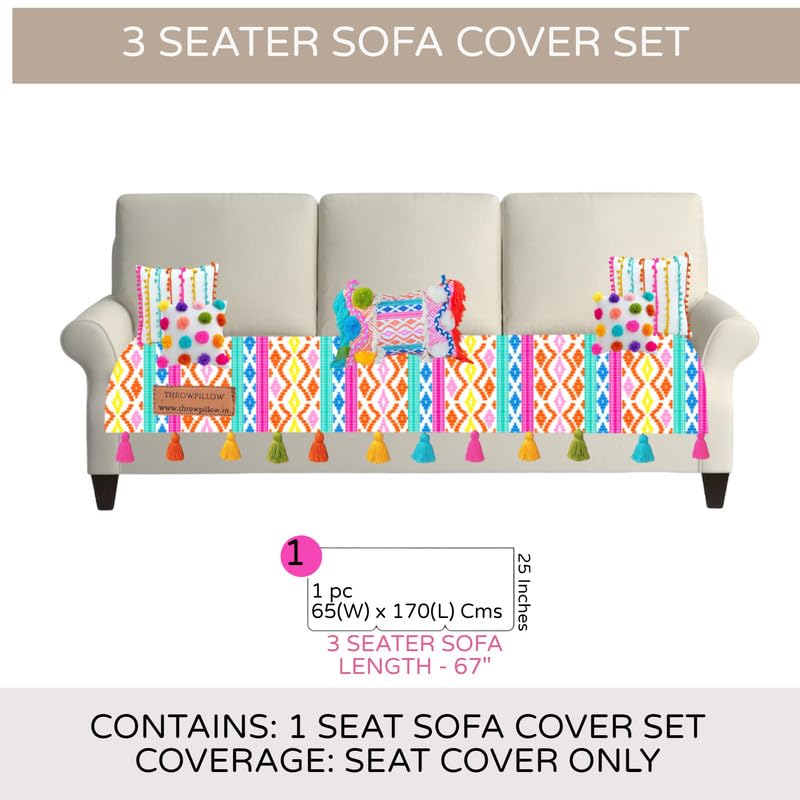 Image of WWW.THROWPILLOW.IN Rainbow Aztech Pattern with Multicoloured Tassels Three Seater Anti-Slip Tassel Sofa Cover 3 Seater- Heavy-Duty, Scratch-Resistant-Sofa Seat Cover 3 Seater