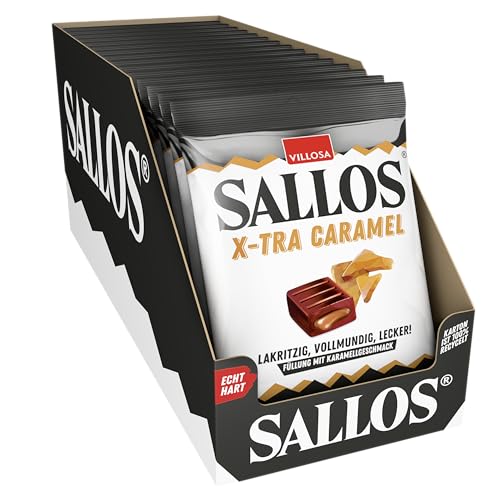 SALLOS X-TRA Caramel Vorrats-Pack Lakritz-bonbons mit süßer Karamellfüllung aus natürlichem Süßholzsaft vegan im Vorrats-Pack 15 x 135 g