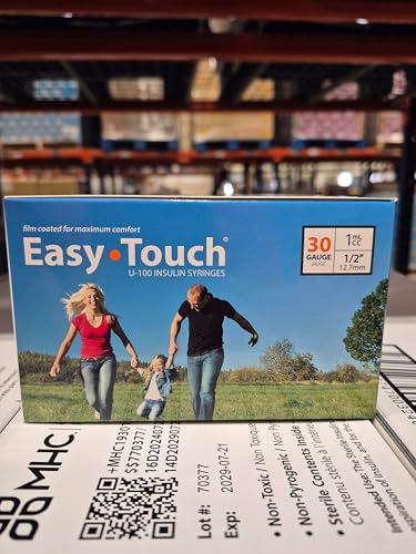Image of Easy Touch 30 Gauge U-100 Insulin Syringes (30G 1cc 1 /2 inch) with 1 /2 inch Long Needle, 1cc (100 Unit Capacity), Bold Markings for Accurate Dosing, Disposable, Box of 100