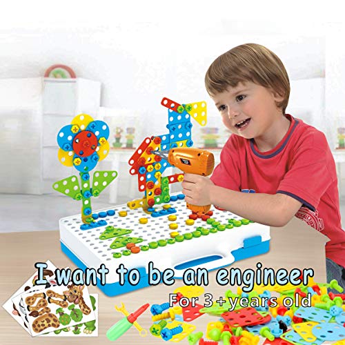 EL 212 Piece Creative Mosaic Drill Puzzle Kit, Electric Drill and Screwdriver Tool Set Toy, STEM Engineering Education Learning Building Block Toys, Game Activities Center for Kids Ages 3-10 Years