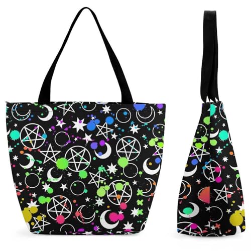 Sac à main pour femme grand volume motifs lune et étoiles colorées voyage