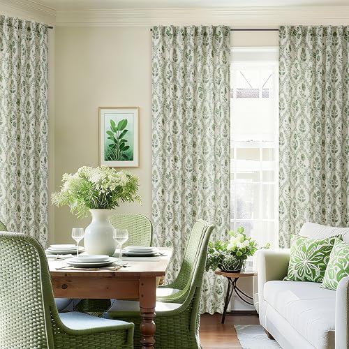 Image of Extra Long Green Floral Linen Curtains 120 Inches Long for Living Room | Olive Green, Leaf Flower, Plant Patterned, Printed Curtains, Farmhouse, Country, Shabby Chic, Boho, Floral, Drapes