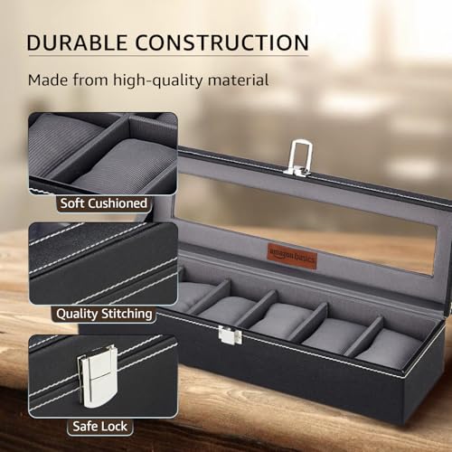 Image of Amazon Basics Unisex Faux Leather Watch Organiser Box with 6 Slots |Watch Organiser with Transparent Lid (Black)