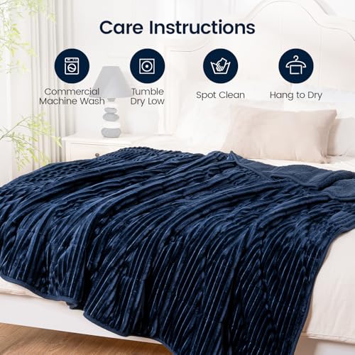 Image of Sherpa Fleece Weighted Blanket with Ribbed Stripes for Adults, 17 lbs Dual Sided Cozy Warm Blanket for Couch Full Size Bed, Glass Beads Heavy Thick Blankets Great for Sleep, Navy Blue, 60 inch x 80 inch