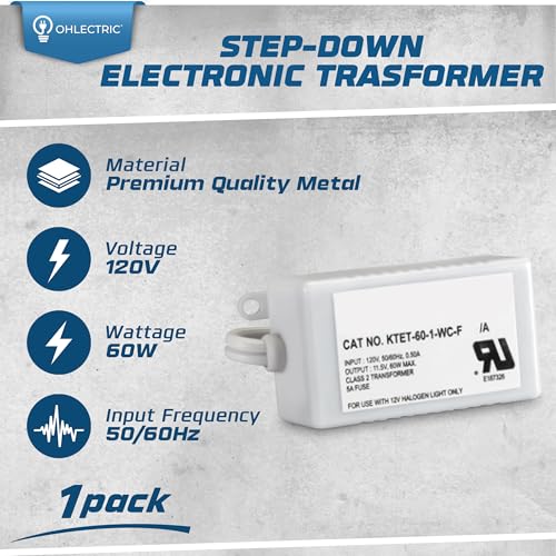 Image of OHLECTRIC Replacement for KTET-60-1-WC-F Step-Down Electronic Transformer - High-Performance 12V Halogen Transformer | Parallel lamp Connection - Use for Track Lighting & Recessed Lighting