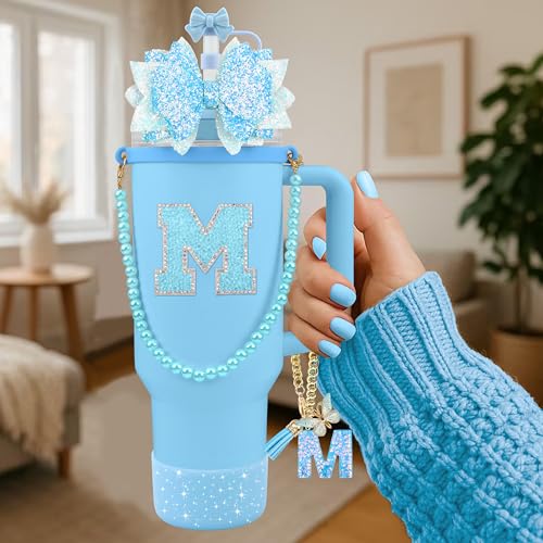 Hpebl 9PCS Blue for Stanley Cup Accessories Set Bling Initials Bow Charms for Stanley Decorations 30/40 Oz Tumbler Accessories Including Bow Straw Topper, Handle Strap, Spill Stopper（Letter M） - image 2