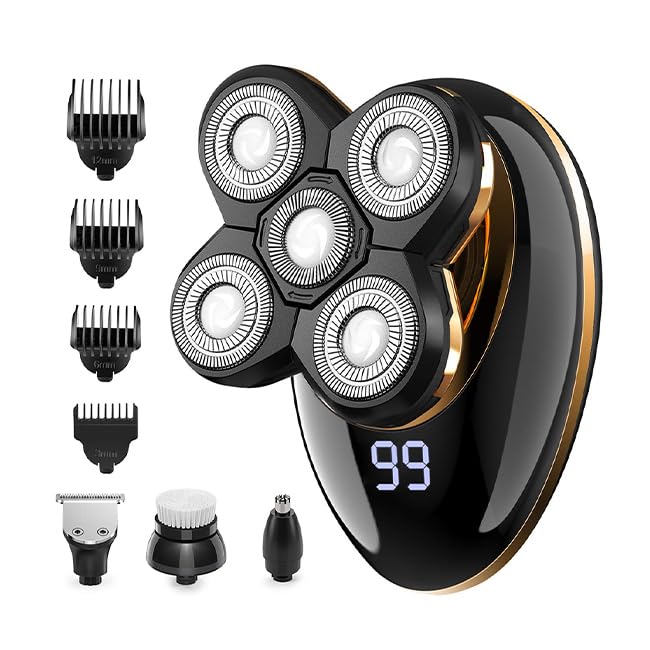 Afeitadora Cabeza Hombre, 5 en 1 Afeitadora eléctrica Hombre para Calva con 5 Cabezas Rotativa, Afeitadora Calvos para Hombre Recargable USB, Máquina de Afeitar Impermeable con Pantalla LED