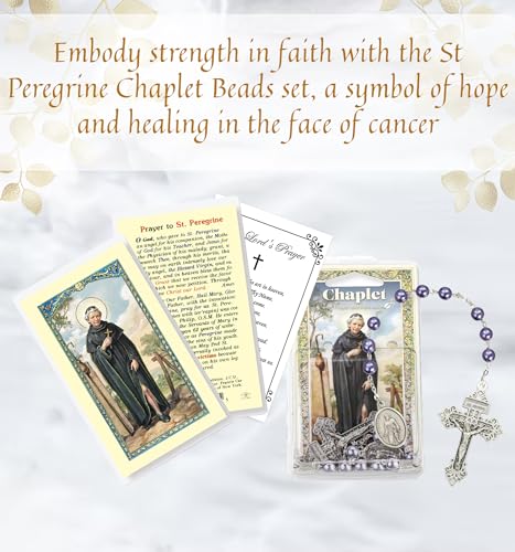 St Peregrine Chaplet Beads - Laminated Saint Peregrine Holy Card, The Lord's Prayer - Saint Peregrine Chaplet, Catholic Cards - St Peregrine Patron Saint of Cancer Themed Set - 3 Items2