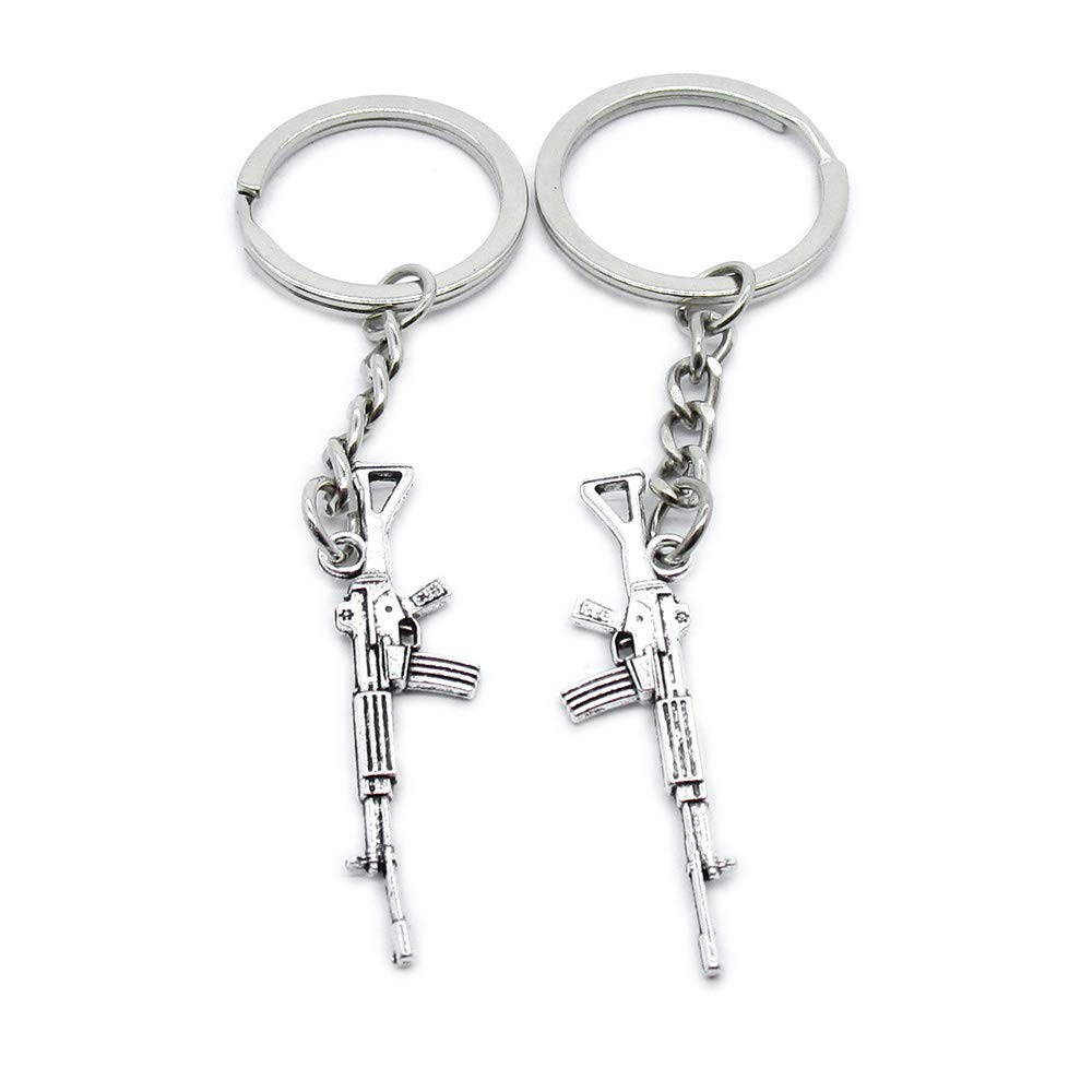 20 PCS Antique Silver Keyrings Keychains Key Ring Chains Tags Clasps AA461 Automatic Rifle Gun