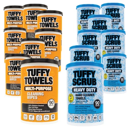 Tuffy Towels Combo 16 Pack - Heavy-Duty Scrub and Multi-Purpose Citrus Cleaning Wipes - 10 Inch X 12 Inch, 90 Wipes Each Container