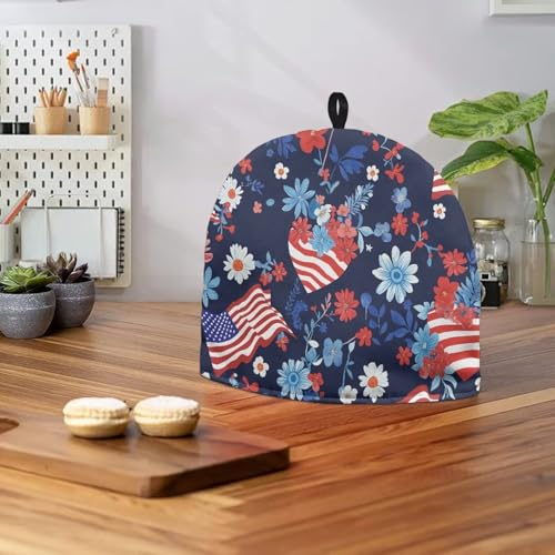 Image of Eucalyptus Flower USA Flag Teapot Cozy Tea Cozies Insulated Keep Tea Warm Teapot Dust-Proof Cover for Patriotic July 4th Independence Day Decor