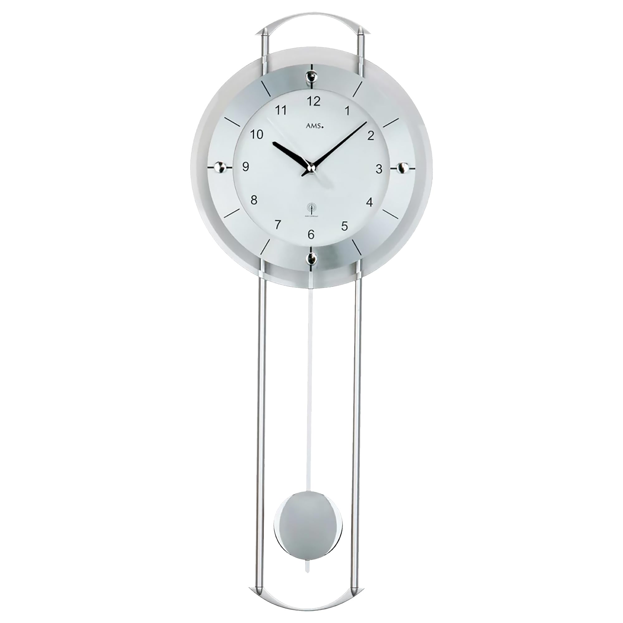 AMS Pendelwanduhr 5254, Funk, mit Silberlackierten Metallstäben, Aluminiumfrontreif und Mineralglas, Arabische Ziffern, 24 x 60 x 6 cm