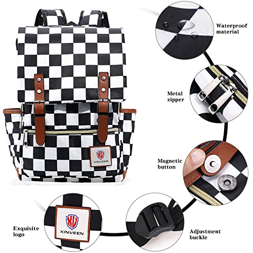Xinveen Vintage Backpack School Bag College Daypack Slim Travel Rucksack Black And White Grid thumb #2
