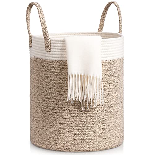 Tesmien Laundry Basket, Toy Storage Basket for Kids Baby, Large Foldable Woven Storage Baskets Cotton Rope Blanket Baskets with Handle,Organiser Nursery Decor Laundry Hamper, Khaki+White (35x40cm)