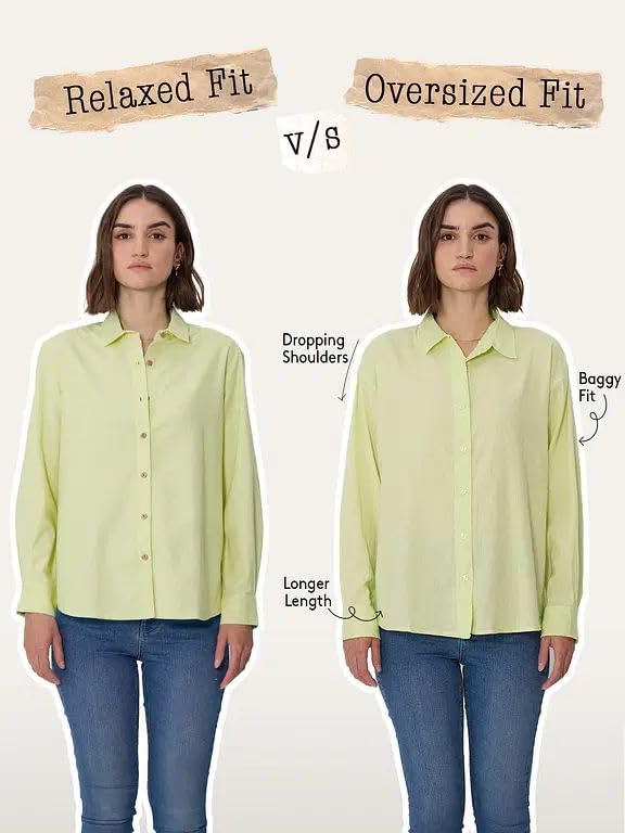 Image of The Souled Store Cotton Linen Shirt: Women and Girls Drop-Shoulder Sleeves Spread Collar Stripes Lightweight Casual Oversized Shirt
