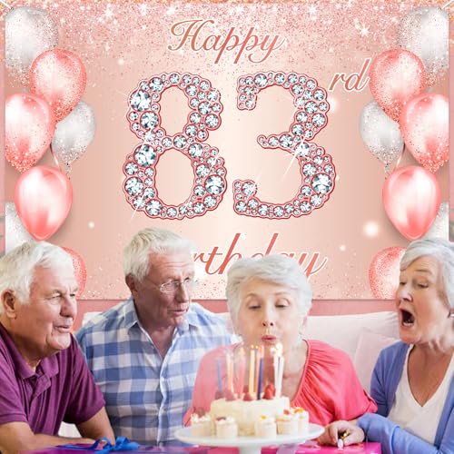 Image of Happy 83rd Birthday Rose Gold Banner Cheers to 83 Years Old Backdrop Confetti Balloons Theme Decor for Women 83 Years Old Pink Birthday Party Decorations Bday Supplies Background Favors Gift Glitter