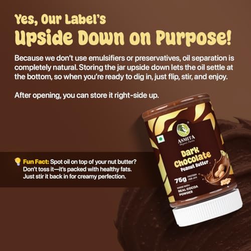 Image of Asmita Organic Farms Dark Chocolate Peanut Butter 325g | Smooth & Creamy Peanut Butter | High Protein Spread | No Refined Sugar | Cholesterol & Trans Fat Free | Healthy Spread for Breakfast & Snacks