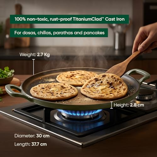 Image of Ember Cookware TitaniumClad Enamel Cast Iron Tawa for Dosa 30 cm | 10-Year Warranty | Rust-Proof Cast Iron Tawa for Roti & Dosa | Non Stick Dosa Tawa | Heavy Duty Induction Cookware | Sage