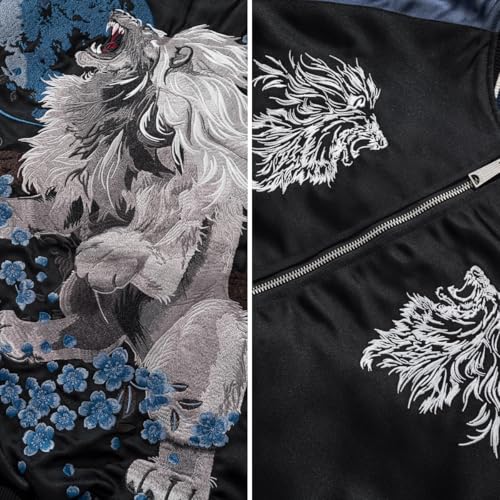 Japanese Lion Embroidery Mens Bomber Jacket Vintage Hip Hop Streetwear Satin Zip Up Long Sleeve Windbreaker3