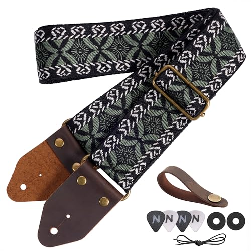 Image of Nefelibata Guitar Strap,Jacquard Embroidery Cotton Guitar Straps with Crazy Horse Leather Ends for Bass, Electric & Acoustic, Best Gifts for Guitarists(Army Green Floral Embroidery)