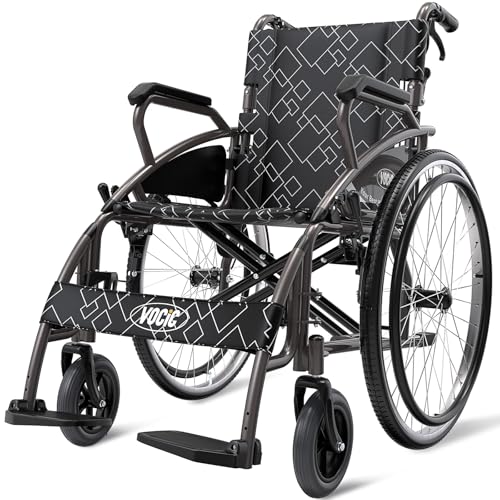 VOCIC U31 Rollstuhl faltbar leicht bis 150KG Doppelbremse Transportrollstuhl klappbar mit Selbstantrieb für Senioren 60CM Großreifen 46CM Sitz 17.5KG Faltbarer Outdoor Rollstuhl 5 Jahre Support|Grau