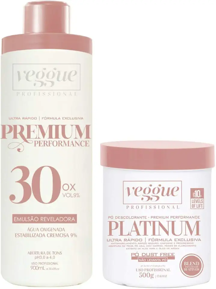 Kit Água Oxigenada 9% 30 Volumes 900ml e Pó Descolorante Platinum Ultra Rápido Veggue Profissional 500g