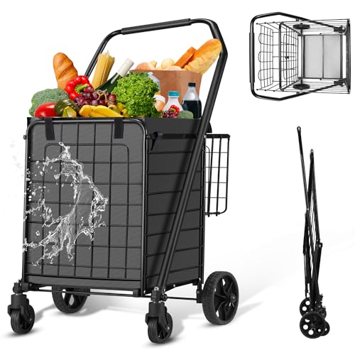HABUTWAY Grocery Cart on Wheels for Groceries, Folding Shopping Carts with Liner, 110LBS Large Capacity Jumbo Grocery Cart with Dual Basket, 360° Rolling Laundry Cart, Lightweight Trolley for Senior
