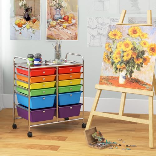 Image of LDAILY 12 Drawer Rolling Storage Cart, Craft Cart Organizer on Wheels w /Metal Frame, Large Capacity & Smooth Drawer, Rolling Cart w /Drawers for Classroom, Office