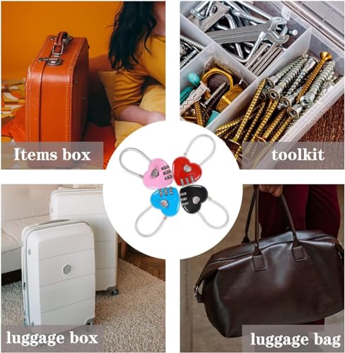 Image of 2Pcs Red Mini Love Heart Lock,Heart Padlock,Mini Code Lock,Wire Rope 3-Digit Code Combination Padlock for Travel Bags Suitcase Lockers Backpacks Jewelry Boxes Combination Locks Padlocks and Hasps