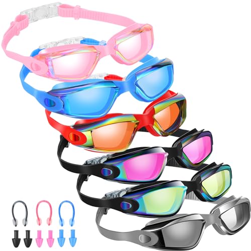 Flutesan 6 Pack Swim Goggles for Adult Anti Fog Swimming Glasses with Ear Plugs Nose Clip No Leaking Adjustable Strap Goggles(Classic Style Exquisite Color)