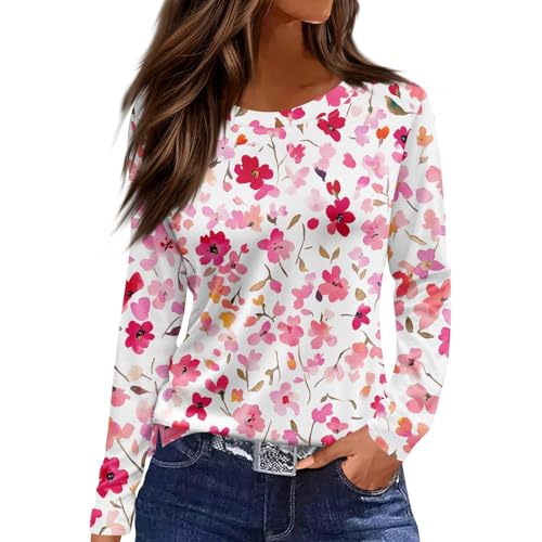 Long Sleeve Shirts for Women 2025 Fall Fashion Basic Trendy Crew Neck Floral Printed Casual Tops