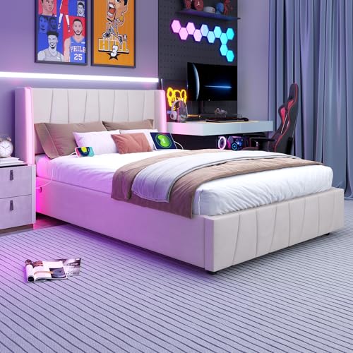 Arhatreya Cama tapizada de 140 x 200 cm, cama de almacenamiento hidráulico con puertos USB, cama doble con barras de luz, cama juvenil con espacio de almacenamiento, cama de invitados para dormitorio