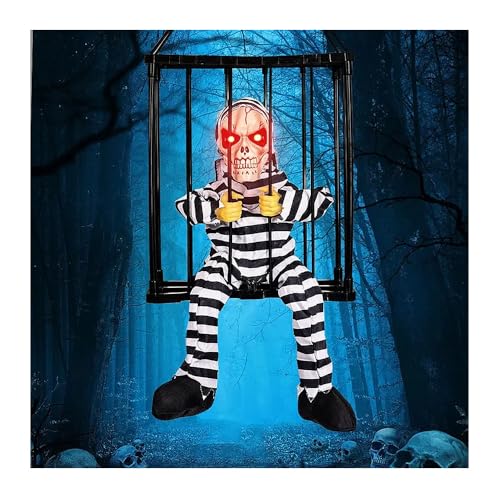 TRIXES Esqueleto de Halloween em gaiolado assustador, acessório de casa assombrada com voz de grito, criatura de pesadelo