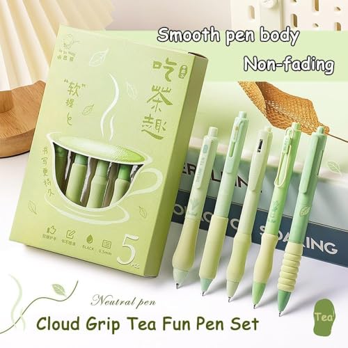 Image of PAXCOO Green Tea Gel Pens 5PCS, Cute Aesthetic 0.5mm Fine Point Black Ink Retractable Pens, Quick Dry Smooth Writing Gel Ink Pens with Comfortable Soft Grip for School Office Journaling & Note Taking