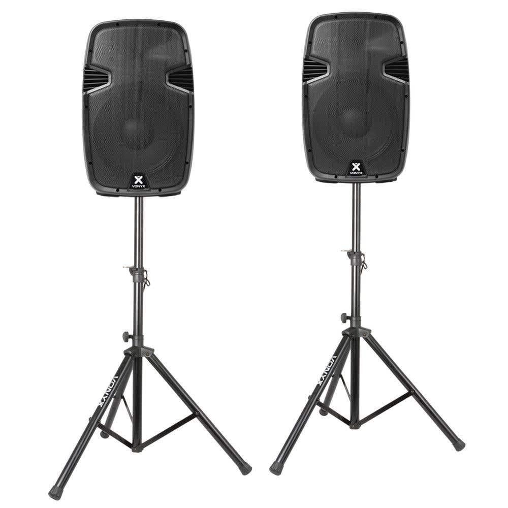 Vonyx SPJ-1200A - Conjunto de Altavoces Activos de 12" y 1200 W con Soportes y Bolsa de Transporte. Sonido Potente, fácil instalación y Ideal para DJ, Eventos en Vivo, presentaciones y Karaoke.