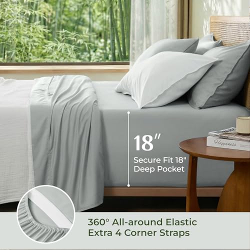 Image of BEDELITE Bamboo Viscose Sheet Set, Queen Size, 4 Pieces, Grey | 100% Organically Grown, 18 Inch Deep Pocket, All Round Elastic & Corner Straps, Luxury Silky Cooling Sheets for Hot Sleepers
