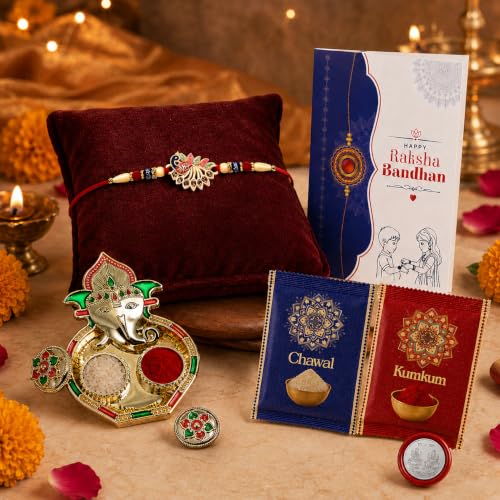 Image of Oblivion Rakhi Set for Brother - Fancy Peacock Rakhi for Brother with Ganesh Ji Pooja Thali, Pooja Coin, Roli Chawal & Card | Combo for Raksha Bandhan