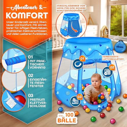 KIDUKU® Kinderspielzelt + 100 Bälle + Tasche Spielhaus Bällebad Schloss für drinnen und draußen (Blau)